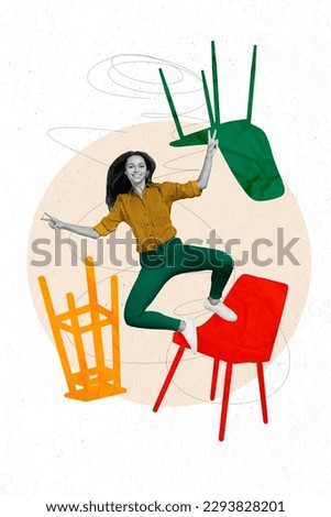 Creative illustration artwork collage of young girl jump show double v-sign promo banner home furniture chairs isolated on white background