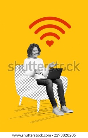Funny photo collage of young guy talking with his girlfriend remote wireless connect video call love story isolated on yellow background