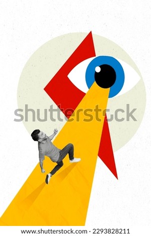 Photo collage of young man running away escape from eyesight oversee pressure supervision spying boss pressure isolated on drawn background