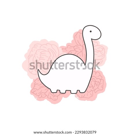 A minimalist line of a dinosaur on a background of pink peonies. Hand drawn doodle vector in simple style. Romantic and childish illustration. Vector isolate on a white background