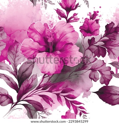 Painted hand drawn watercolor pink violet color hibiscus flowers seamless pattern background illustration with blossom flowers, leaves. Dirty spotted modern aquarelle backdrop. Endless ornate texture.