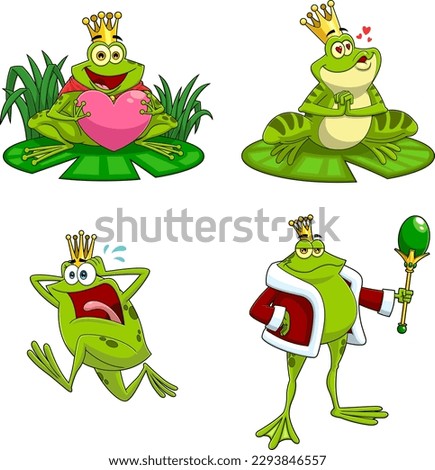 Green Frog Cartoon Characters. Raster Hand Drawn Collection Set Isolated On White Background