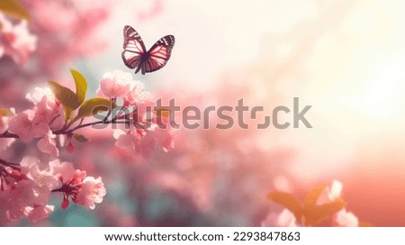 Spring background with pink blossom and fly butterfly. Beautiful nature scene with blooming tree and sun flare Royalty-Free Stock Photo #2293847863