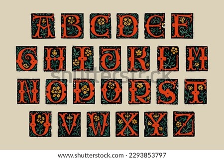 Medieval alphabet. Grunge gothic initials. 16th century engraved drop caps. Blackletter style vintage font. Middle Ages capital letters with floral ornament. Vector square illuminated calligraphy. Royalty-Free Stock Photo #2293853797