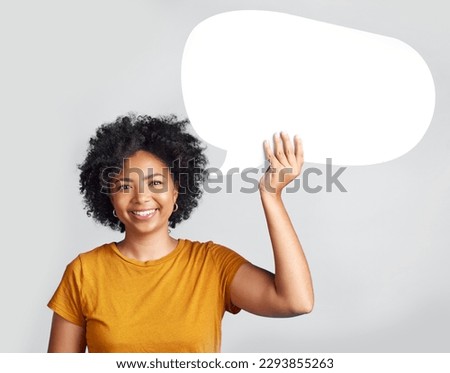 Speech bubble, portrait and happy woman in studio with mockup, message and space on grey background. Banner, poster and African female with social media, news or announcement on isolated billboard