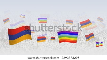 People waving Peace flags and flags of Armenia. Illustration of throng celebrating or protesting with flag of Armenia and the peace flag. Vector illustration.