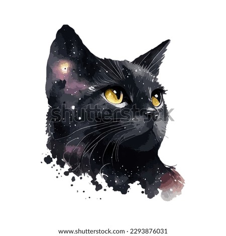 Celestial Black Cat watercolor painting. Portrait of black cat animal isolated on white background. Abstract watercolor cat vector illustration