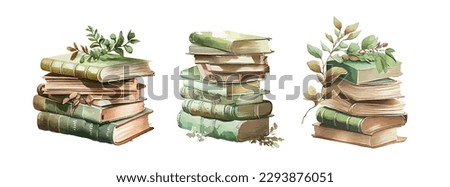 Vintage old book watercolor set isolated on white background. Antique library books with nature leaves vector illustration
