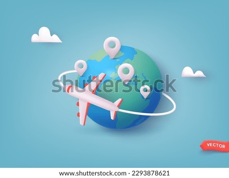 Around the world travelling by plane, airplane trip in various country, travel pin location on a global map. 3D Web Vector Illustrations. Royalty-Free Stock Photo #2293878621