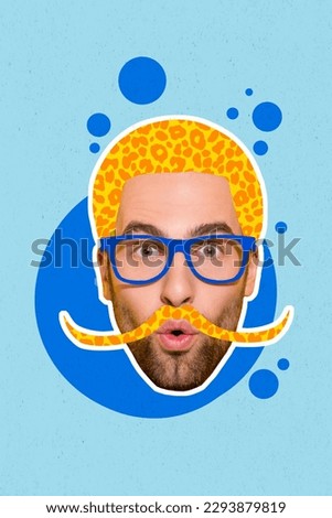 Collage avatar personage photo of young guy hairstyle leopard print wear eyeglasses funny mustache shocked isolated on blue background