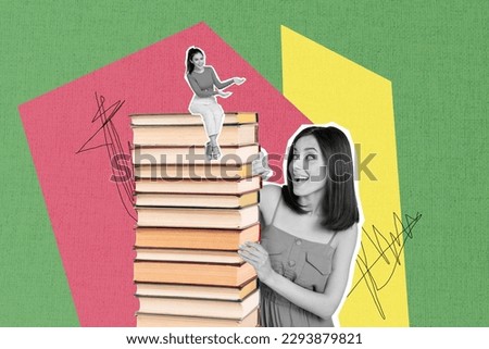 Picture retro artwork collage reading lifestyle concept young girls advertising book pile stack prepare exam test promo bookshop