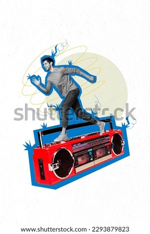 Vertical collage dj clubbing man active dancing have fun vintage boombox running cassette player audio recorder isolated on grey background