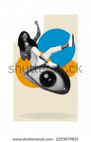 Photo collage artwork minimal picture of lucky lady riding big huge eye isolated creative background