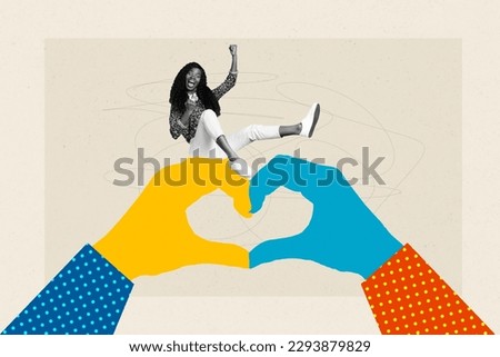 Photo collage artwork minimal picture of lucky lady sitting ukraine colors arms showing heart isolated creative background