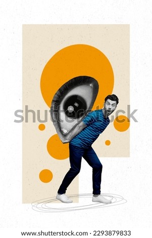 Collage of young crazy guy carry huge eyeball photorealism cyber scam defender app antivirus promo data protect isolated on beige background