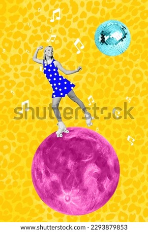 Vertical artwork collage fancy youth lady dancing on pink moon shape ride skates fantasy concept leopard picture background
