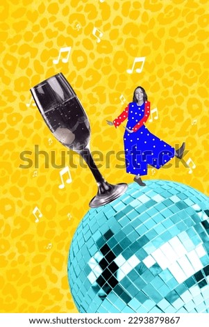 Vertical artwork collage pretty funky lady dancing on big disco ball drink champagne fantasy concept leopard picture background