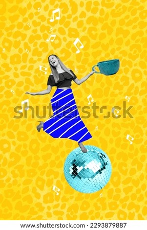 Vertical 3D artwork collage young fashionable lady wear painted skirt dancing hold retro cup leopard print graphics background