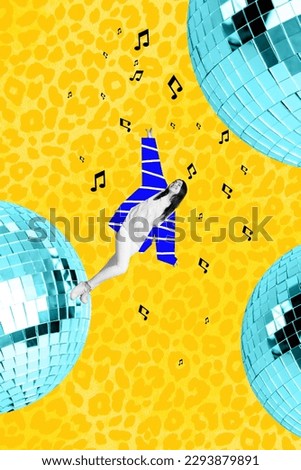Vertical artwork collage young fashionable lady wear painted jacket dancing overjoyed weekend concept graphics picture image