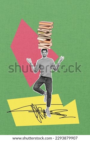 Vertical picture collage young guy practicing yoga hold book pile stack on head inspirational motivation literature concept