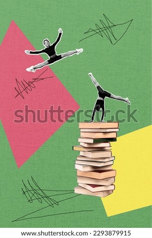 Vertical photo collage young flexible female practicing training sports on big book pile stack motivation literature concept