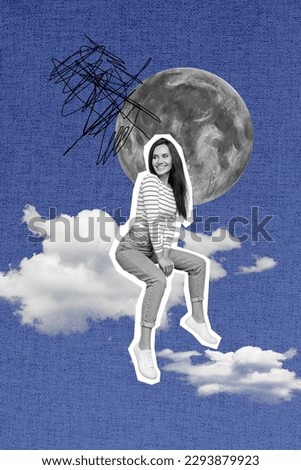 Magazine strange template collage of beautiful lady sitting on fluffy cloud travel cosmic scenery sleep sweet dreams