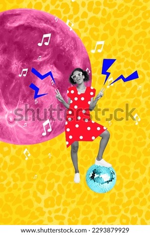 Artwork collage pretty funky lady dancing stand on disco ball show v sign fantasy pink moon on concept leopard background
