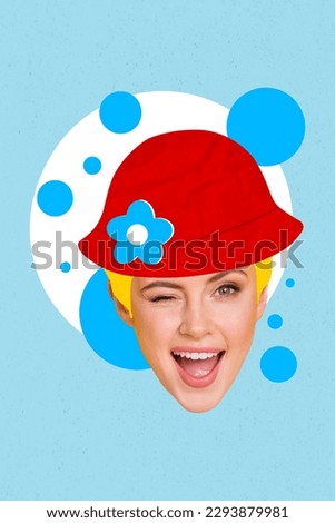 Collage artwork graphics picture of flirty funky lady guy wear red panama isolated blue color background
