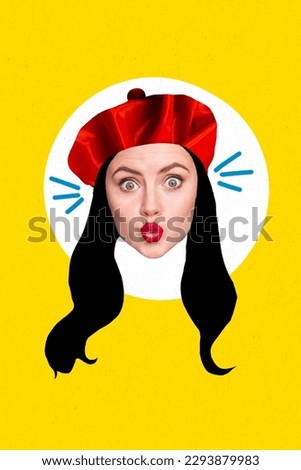 Photo cartoon comics sketch collage picture of flirty funky french lady head sending you kiss isolated yellow color background