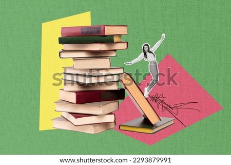 Photo artwork collage reading lifestyle concept young student girl stand on book pile stack prepare exam test overwhelmed work