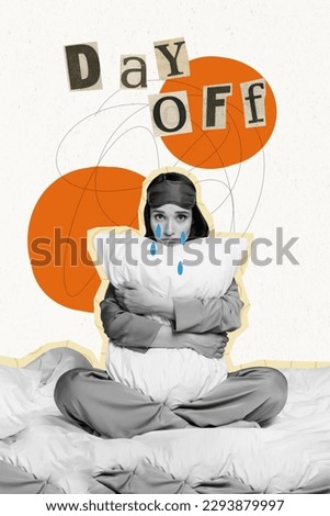 Vertical photo collage of girl sitting embracing pillow dissatisfied crying need day off psychological support isolated on gray background