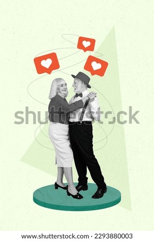 Photo collage artwork minimal picture of happy smiling married husband wife dancing together isolated graphical background
