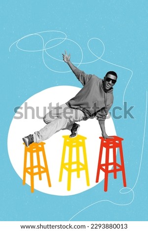 Creative 3d photo artwork graphics collage painting of happy smiling guy dancing having fun bar chairs isolated drawing background