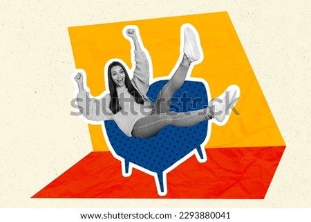 Creative advert banner promo proposition collage young woman enjoy lying her new furniture living room chair isolated on drawn background
