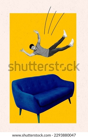 Composite designed artwork collage of young guy falling down his new blue couch comfortable place living room isolated on yellow background