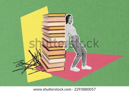 Retro style artwork collage reading lifestyle concept young girl advertising big high book pile stack promo company bookshop library