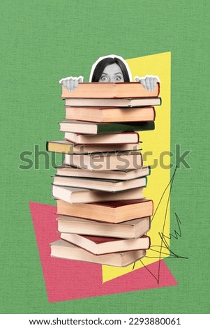 Photo collage conceptual artwork young student girl hiding behind big book pile stack addicted reader fond of reading hobby