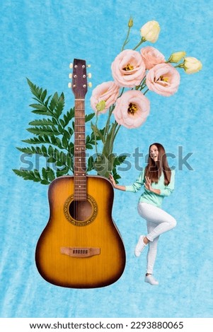 Magazine template picture collage of funny young girl enjoy dancing on 8 march festival musical event with guitar bands
