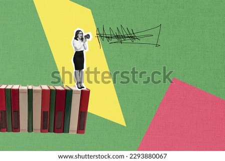 Picture retro banner collage concept young teacher woman advertising book pile stack yell loudspeaker order children read more