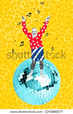 Vertical artwork image collage funky senior male dancing on big disco ball energetic fantasy concept leopard picture background