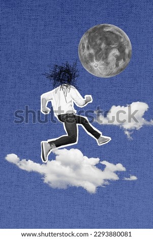 Poster banner magazine collage of surreal scene of young faceless person playing simulation cyber cosmic game on night sky