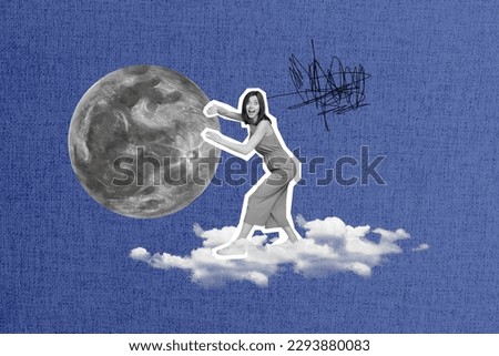 Magazine fantasy template collage of excited young lady dreaming catch full moon halloween shopping sales