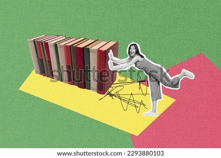 Photo collage reading lifestyle concept young student girl pushing big book pile stack addicted reader prepare exam test