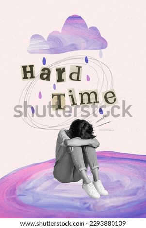 Collage picture of stressed woman crying depression weather cloud raining hard time melancholy bad time isolated on drawing background