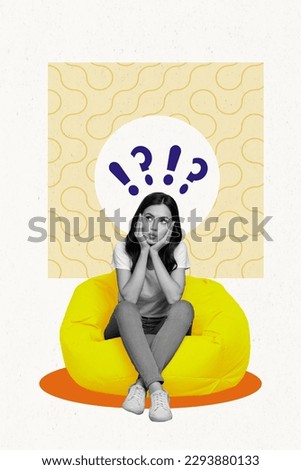 Vertical collage minded girl cute sit pouf touch cheeks interested curious questioned thinking about future isolated on beige background