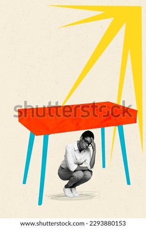 Collage 3d pinup pop retro sketch image of stressed depressed lady guy hiding under chair isolated painting background