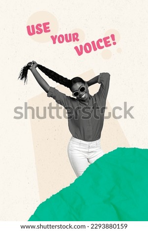 Composite poster collage of young cool girl wear sunglass smiling scream use your voice support freedom isolated on drawing background
