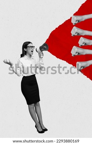 Illustrated collage photo of young furious activist woman loudspeaker revolution support crowd feminists rights isolated on grey background Royalty-Free Stock Photo #2293880169