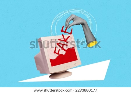 Photo cartoon comics sketch collage picture of arm getting fake news old gadget isolated blue color background