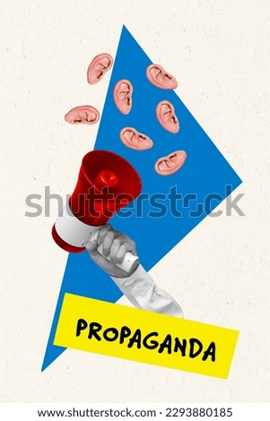 Crazy collage template exclusive photo of crowd ears listening propaganda opinion big loudspeaker message news isolated on blue background